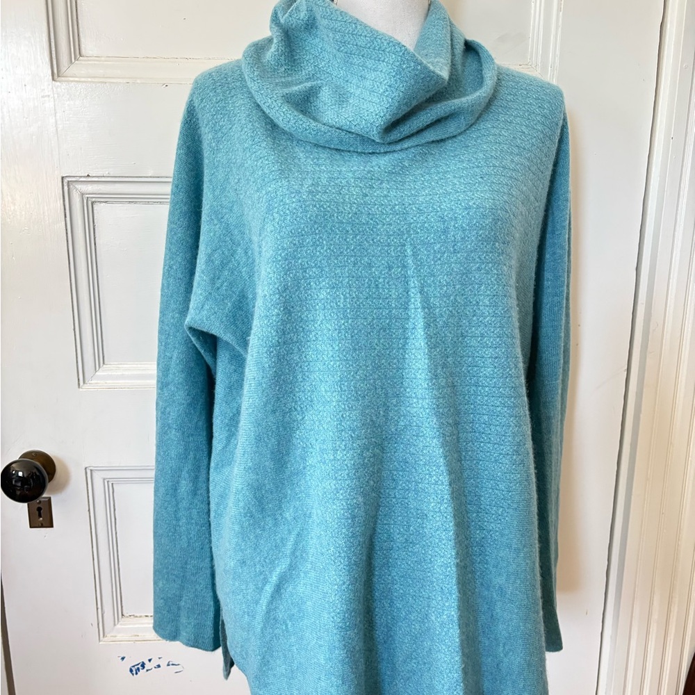 Light Teal Cowl Neck Women's Cashmere Tunic Sweater